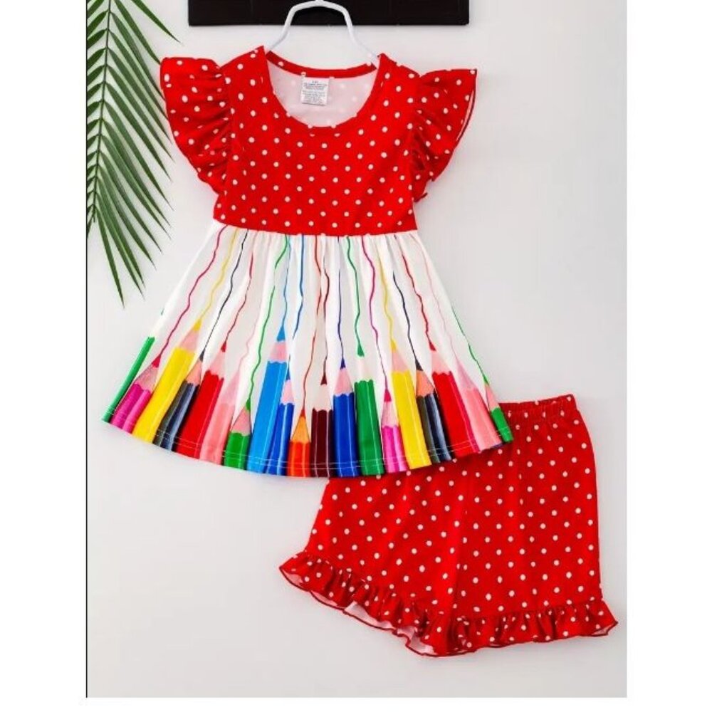Boutique Back to School Pencils Tunic Dress & Ruffle Shorts Girls Outfit